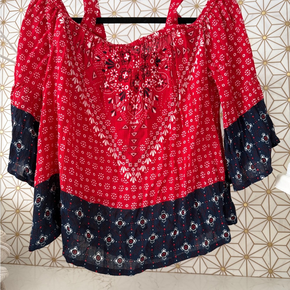 Aqua Red and Blue Asymmetrical off the shoulder Blouse